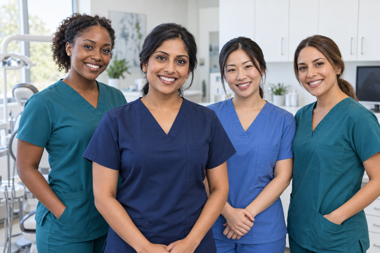 Illustrative dental team in scrubs with an Indian female dentist