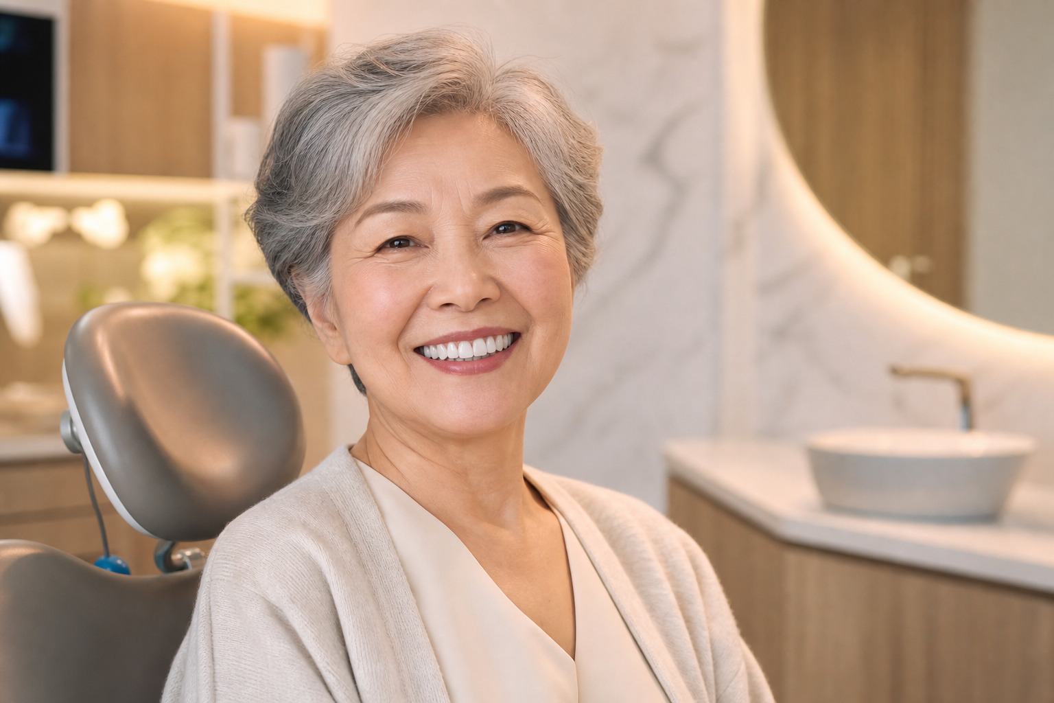 Happy older woman after dental implant care